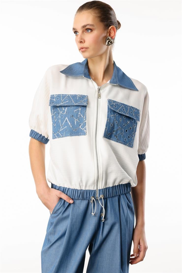 Modailgi  Fermuar Kapamalı Düz ve Pullu Tencel Kumaş Garnili Kısa Bluz Orijinal