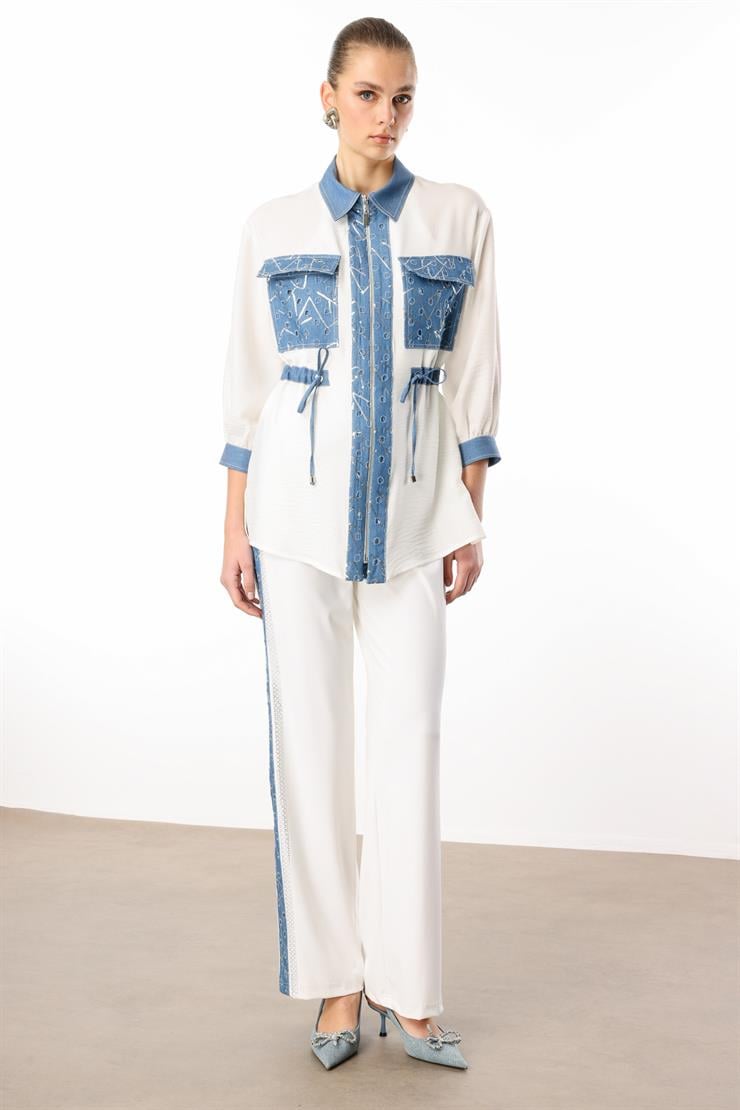 Modailgi  Fermuar Kapamalı Düz ve Pullu Tencel Kumaş Garnili Tunik Orijinal