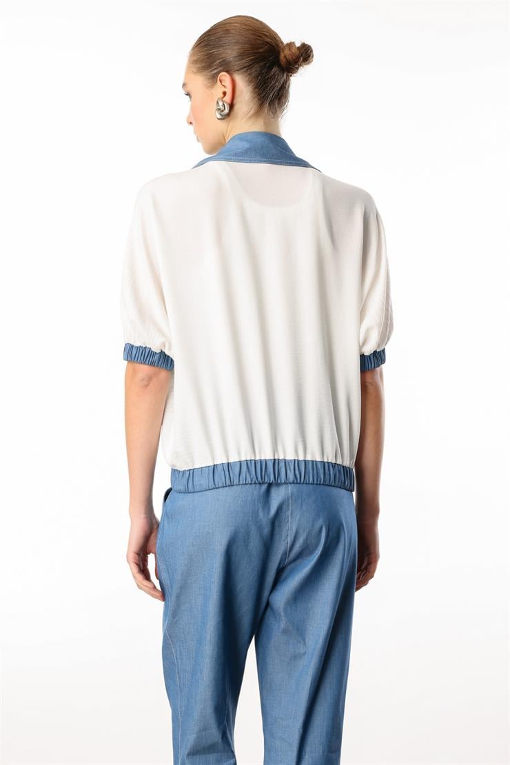 Modailgi  Fermuar Kapamalı Düz ve Pullu Tencel Kumaş Garnili Kısa Bluz Orijinal