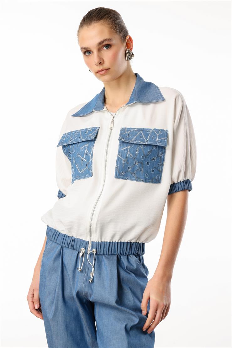 Modailgi  Fermuar Kapamalı Düz ve Pullu Tencel Kumaş Garnili Kısa Bluz Orijinal