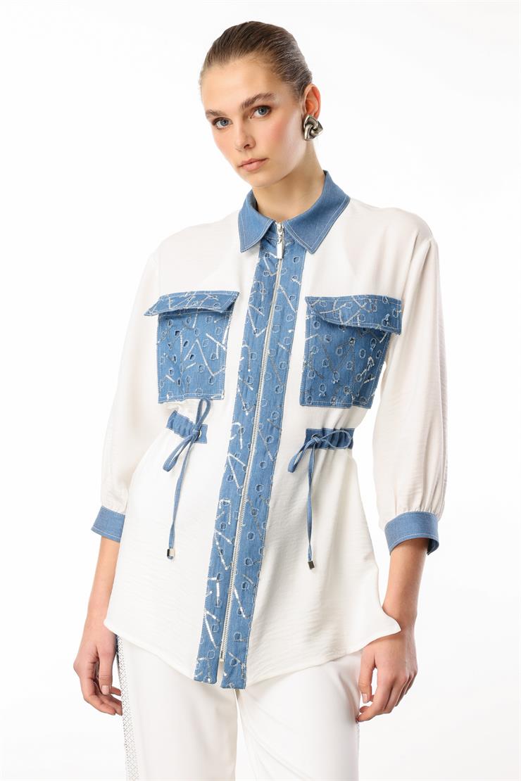 Modailgi  Fermuar Kapamalı Düz ve Pullu Tencel Kumaş Garnili Tunik Orijinal