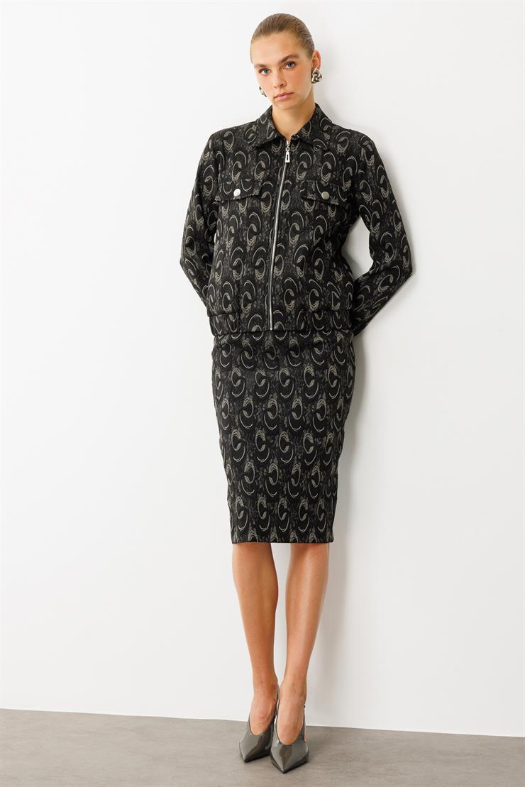 Modailgi  Fermuar Kapamalı Etek Altı Lastikli Kapak Cepli Astarsız Jakar Mont Ceket Gri/Siyah