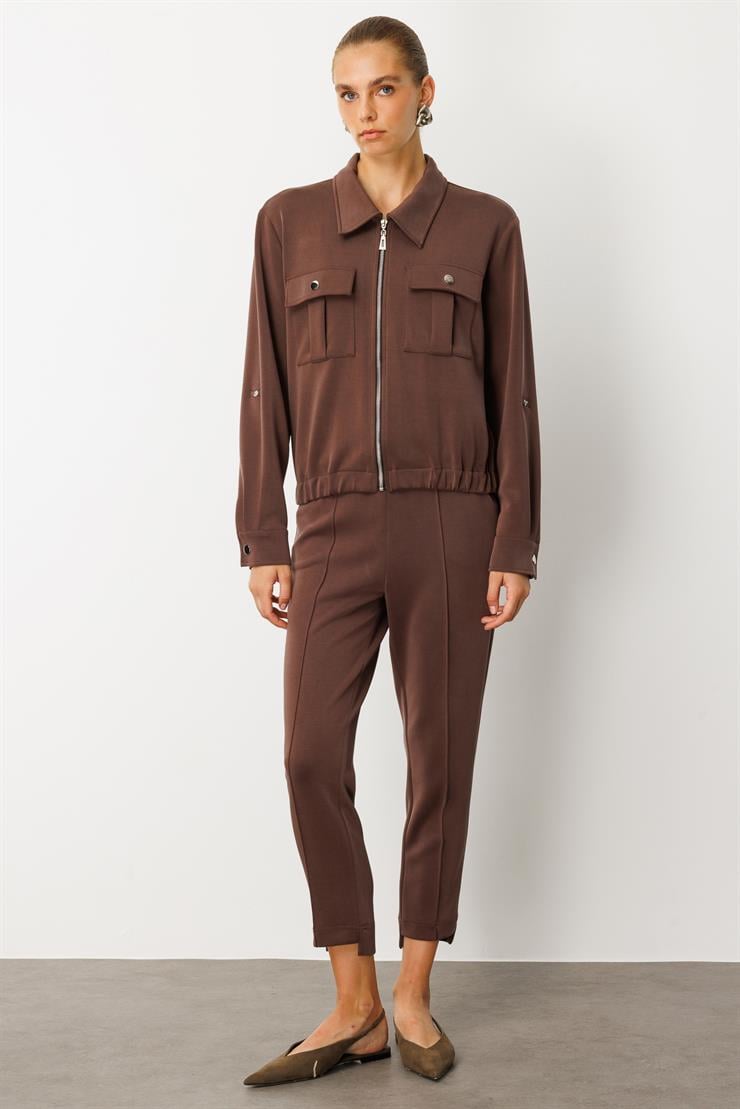 Modailgi  Fermuar Kapamalı Etek Altı Lastikli Kapak Cep Detaylı Örme Gömlek - 40055 Kahve