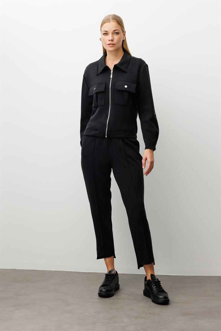 Modailgi  Fermuar Kapamalı Etek Altı Lastikli Kapak Cep Detaylı Örme Gömlek - 40055 Siyah