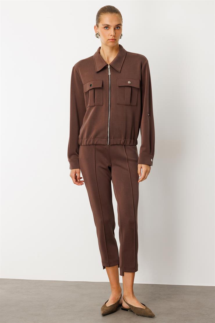 Modailgi  Fermuar Kapamalı Etek Altı Lastikli Kapak Cep Detaylı Örme Gömlek - 40055 Kahve