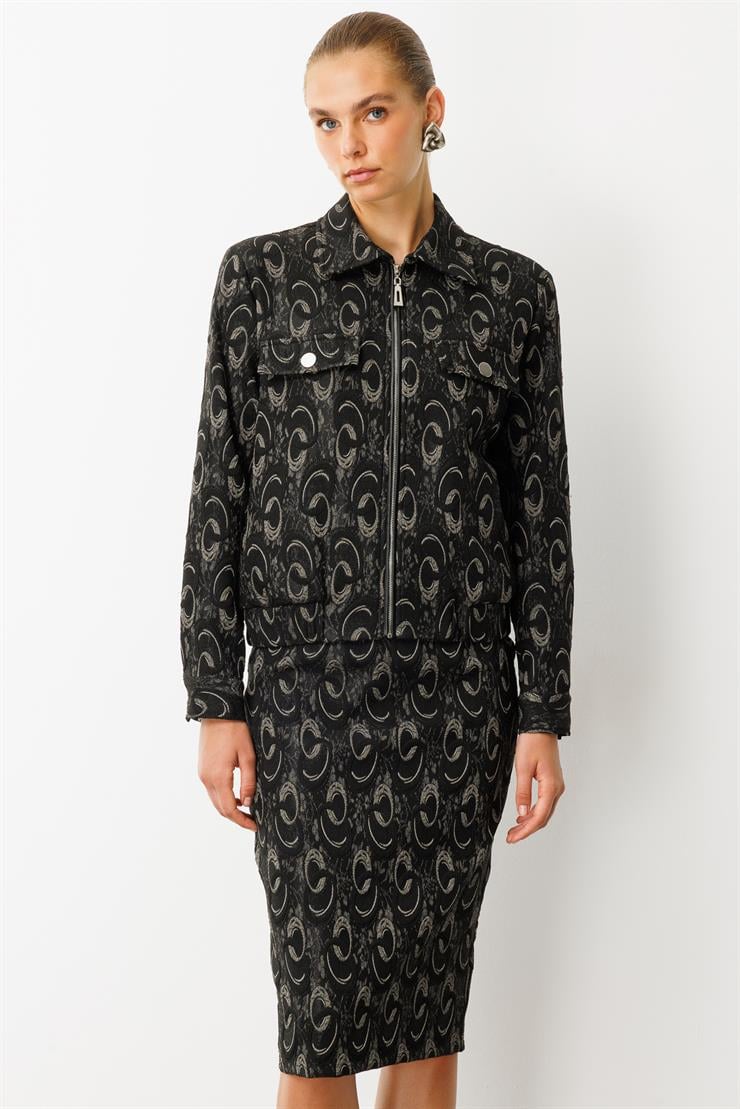 Modailgi  Fermuar Kapamalı Etek Altı Lastikli Kapak Cepli Astarsız Jakar Mont Ceket Gri/Siyah