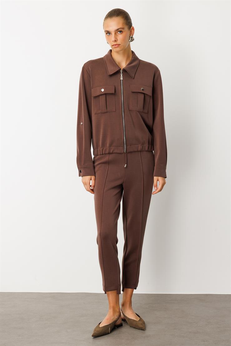 Modailgi  Fermuar Kapamalı Etek Altı Lastikli Kapak Cep Detaylı Örme Gömlek - 40055 Kahve