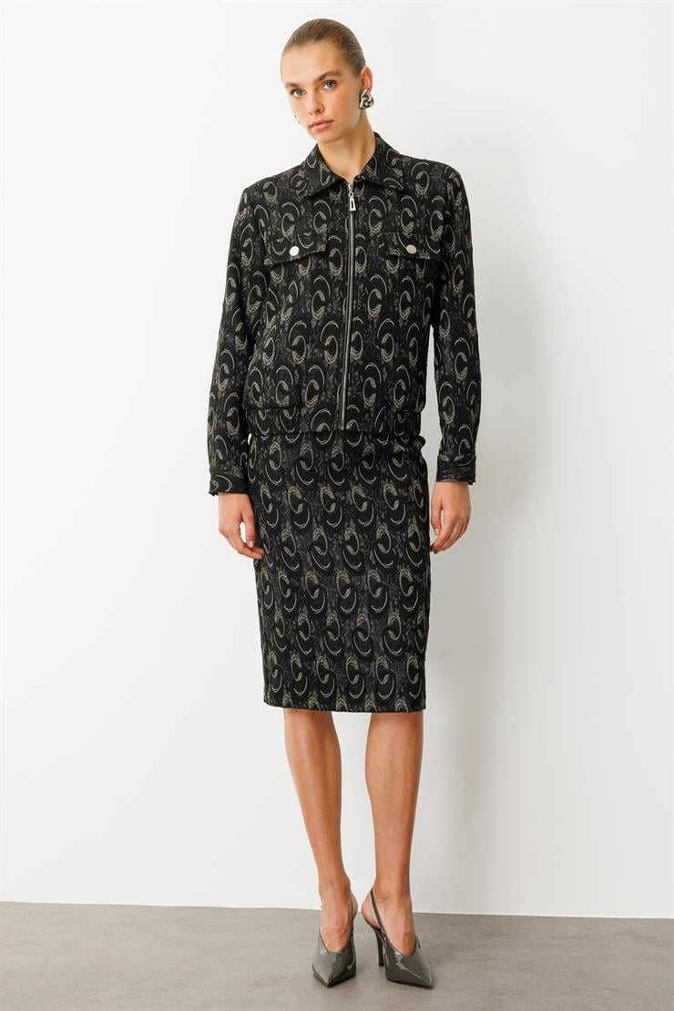 Modailgi  Fermuar Kapamalı Etek Altı Lastikli Kapak Cepli Astarsız Jakar Mont Ceket Gri/Siyah