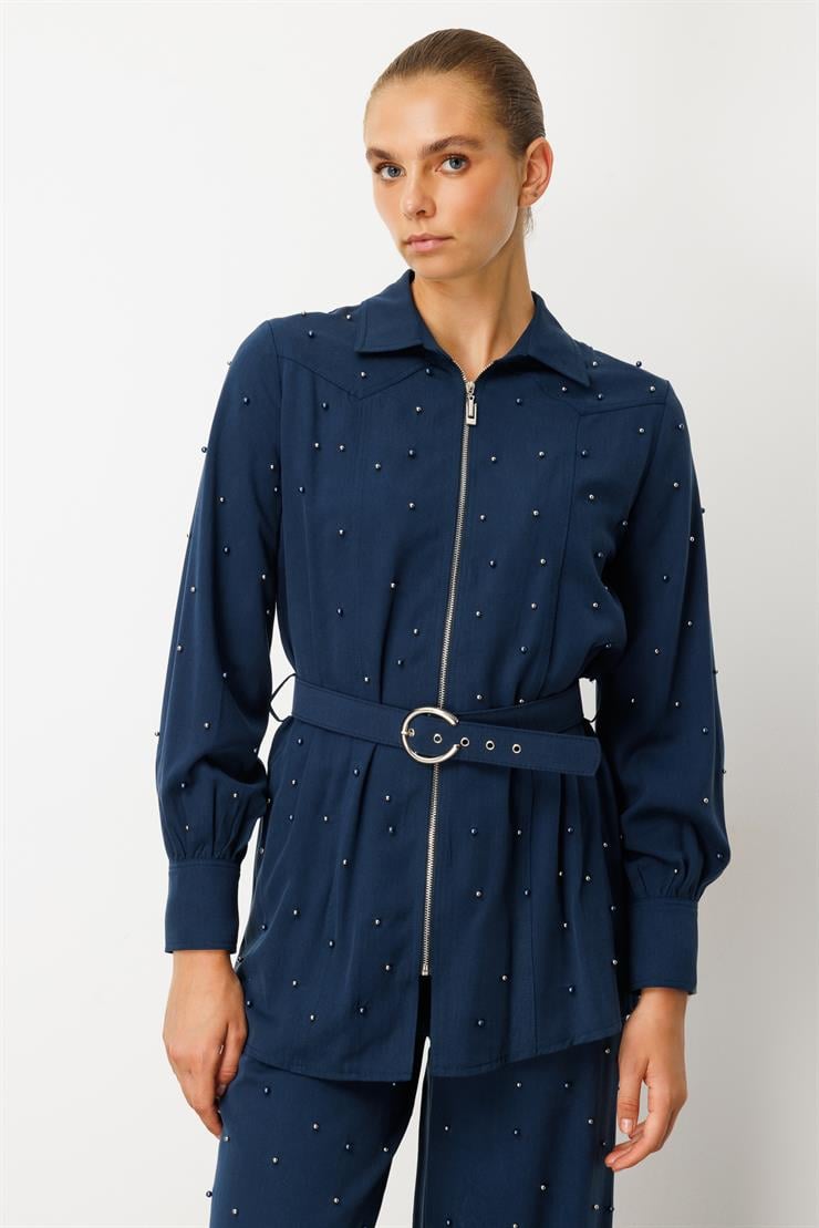 Modailgi  Fermuar Kapamalı İnci Detaylı Beli Kemerli Rahat Kesim Tunik - 40041 İndigo