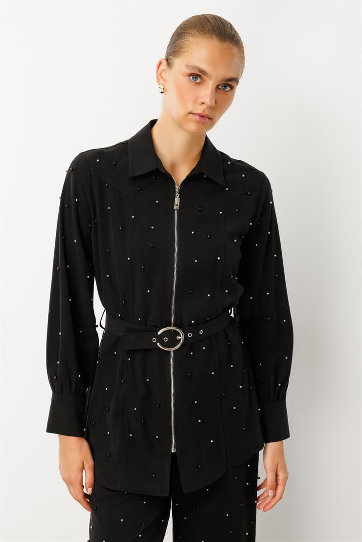 Modailgi  Fermuar Kapamalı İnci Detaylı Beli Kemerli Rahat Kesim Tunik - 40041 Siyah