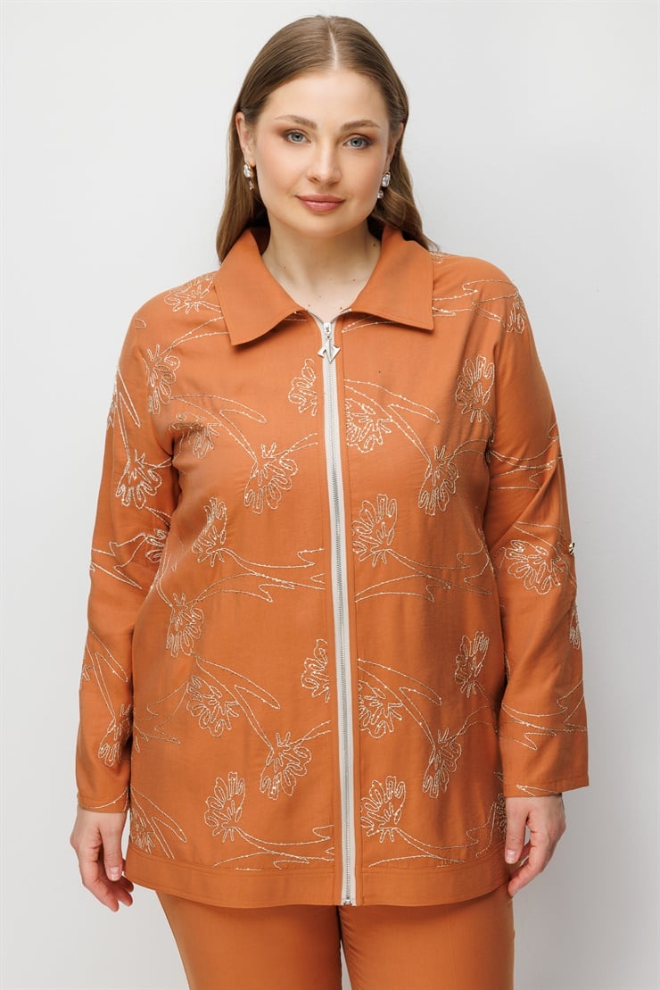 Modailgi  Fermuar Kapamalı Nakış Detaylı Apoletli Tunik Tarçın