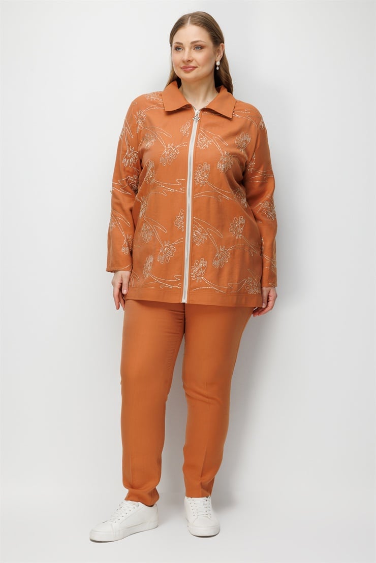 Modailgi  Fermuar Kapamalı Nakış Detaylı Apoletli Tunik Tarçın