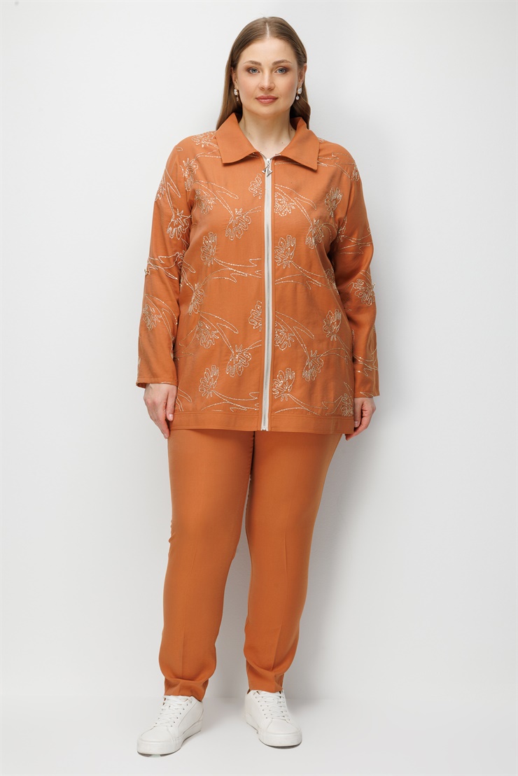 Modailgi  Fermuar Kapamalı Nakış Detaylı Apoletli Tunik Tarçın