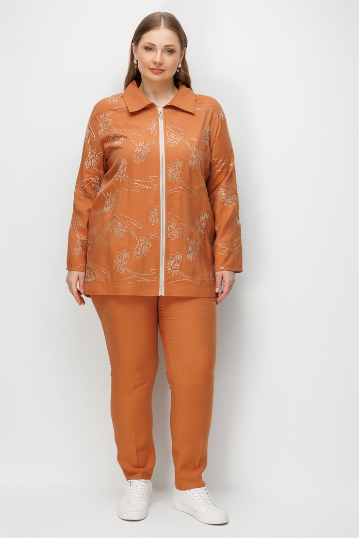 Modailgi  Fermuar Kapamalı Nakış Detaylı Apoletli Tunik Tarçın