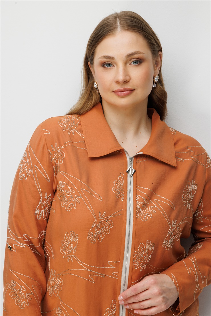 Modailgi  Fermuar Kapamalı Nakış Detaylı Apoletli Tunik Tarçın