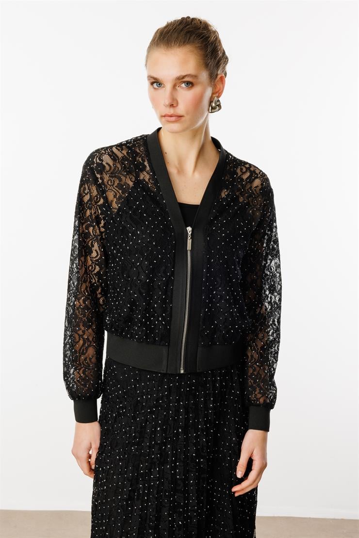 Modailgi  Fermuar Kapamalı Ribana Detaylı Taşlı Dantel Bluz Siyah