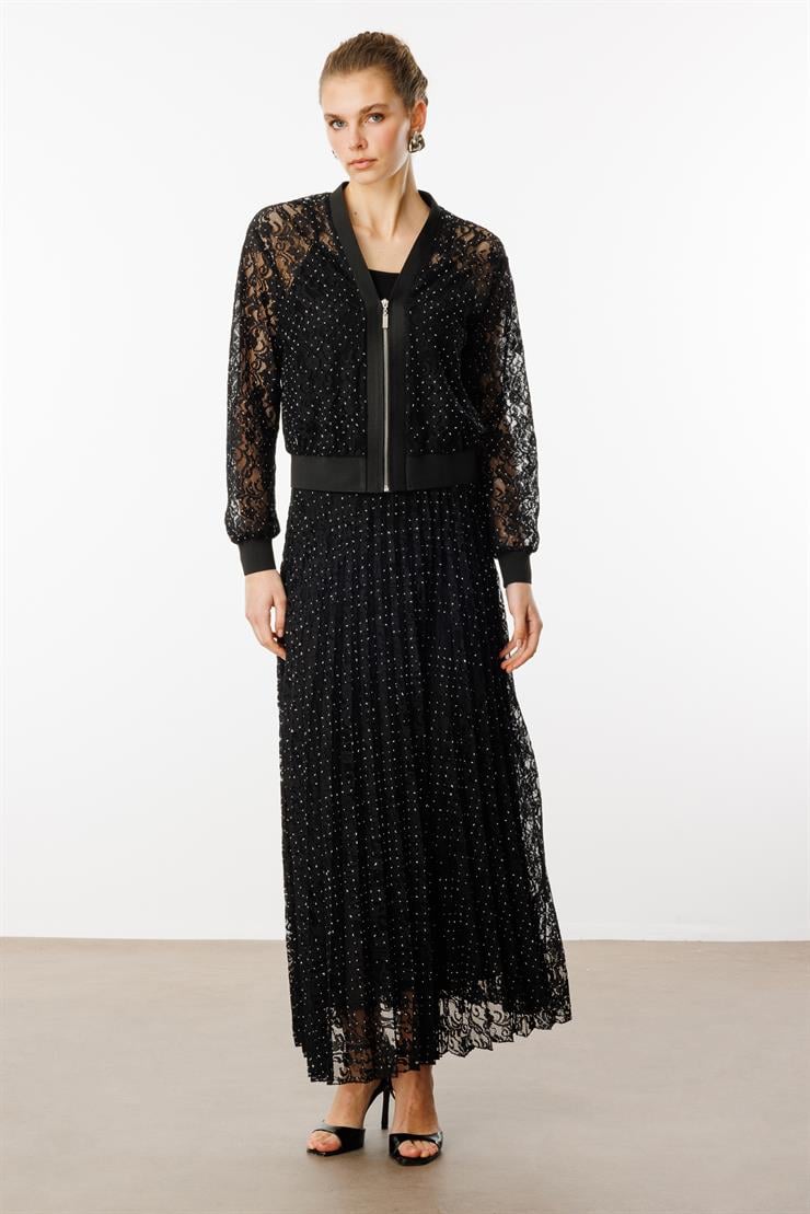 Modailgi  Fermuar Kapamalı Ribana Detaylı Taşlı Dantel Bluz Siyah