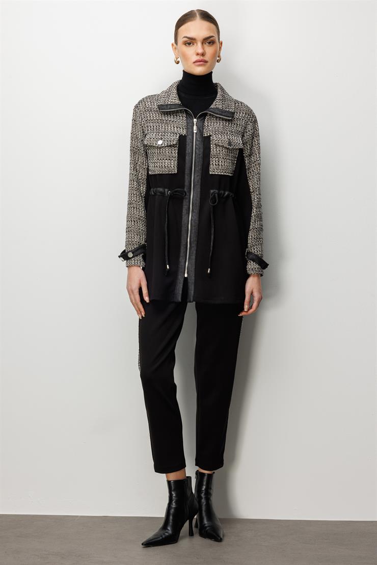 Modailgi  Fermuar Kapamalı Tünel Bağcık Detaylı Düz Kumaş Garni Detaylı Tunik - 40050 Siyah