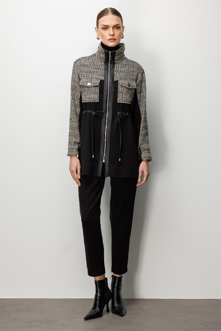 Modailgi  Fermuar Kapamalı Tünel Bağcık Detaylı Düz Kumaş Garni Detaylı Tunik - 40050 Siyah