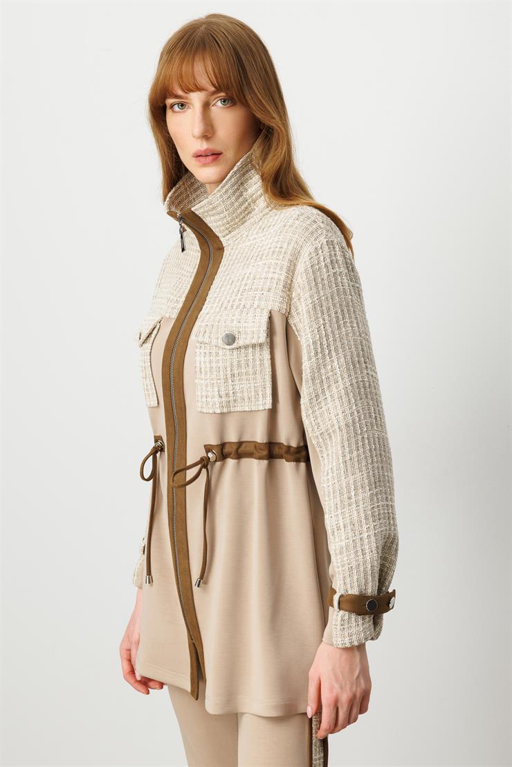 Modailgi  Fermuar Kapamalı Tünel Bağcık Detaylı Düz Kumaş Garni Detaylı Tunik - 40050 Vizon