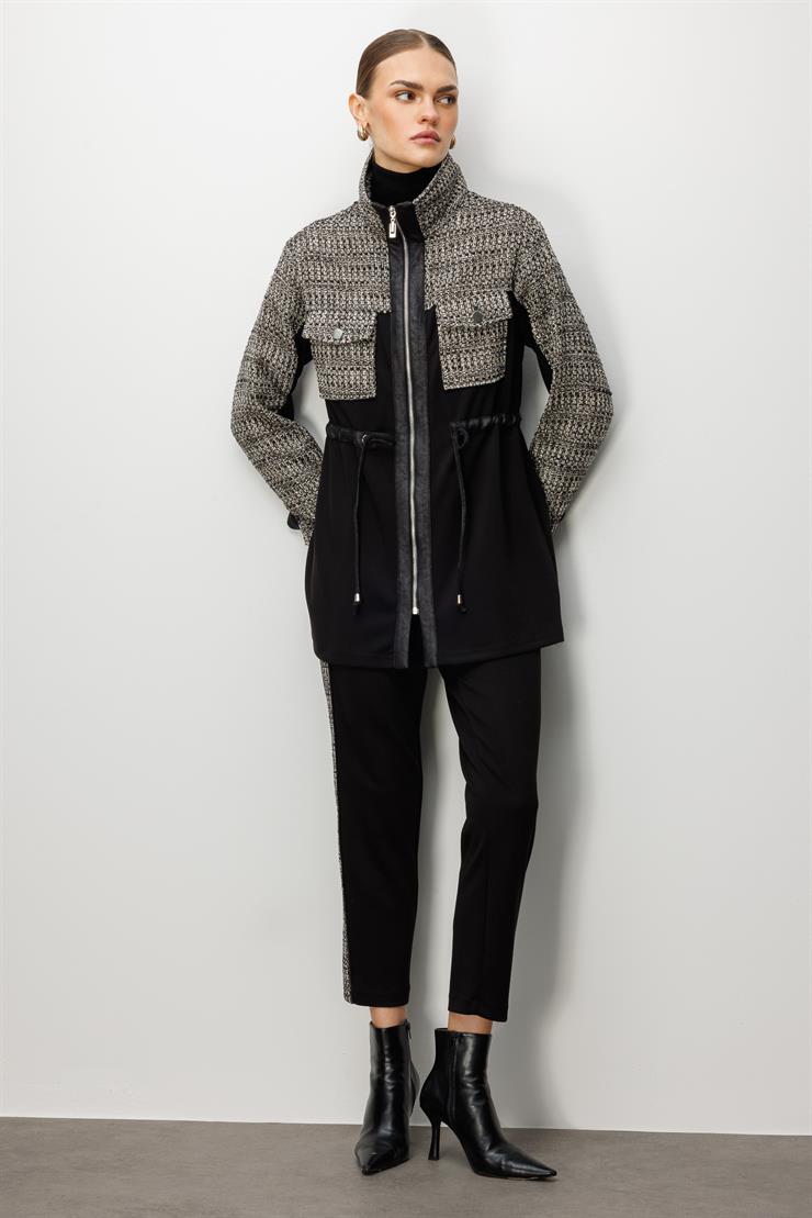 Modailgi  Fermuar Kapamalı Tünel Bağcık Detaylı Düz Kumaş Garni Detaylı Tunik - 40050 Siyah