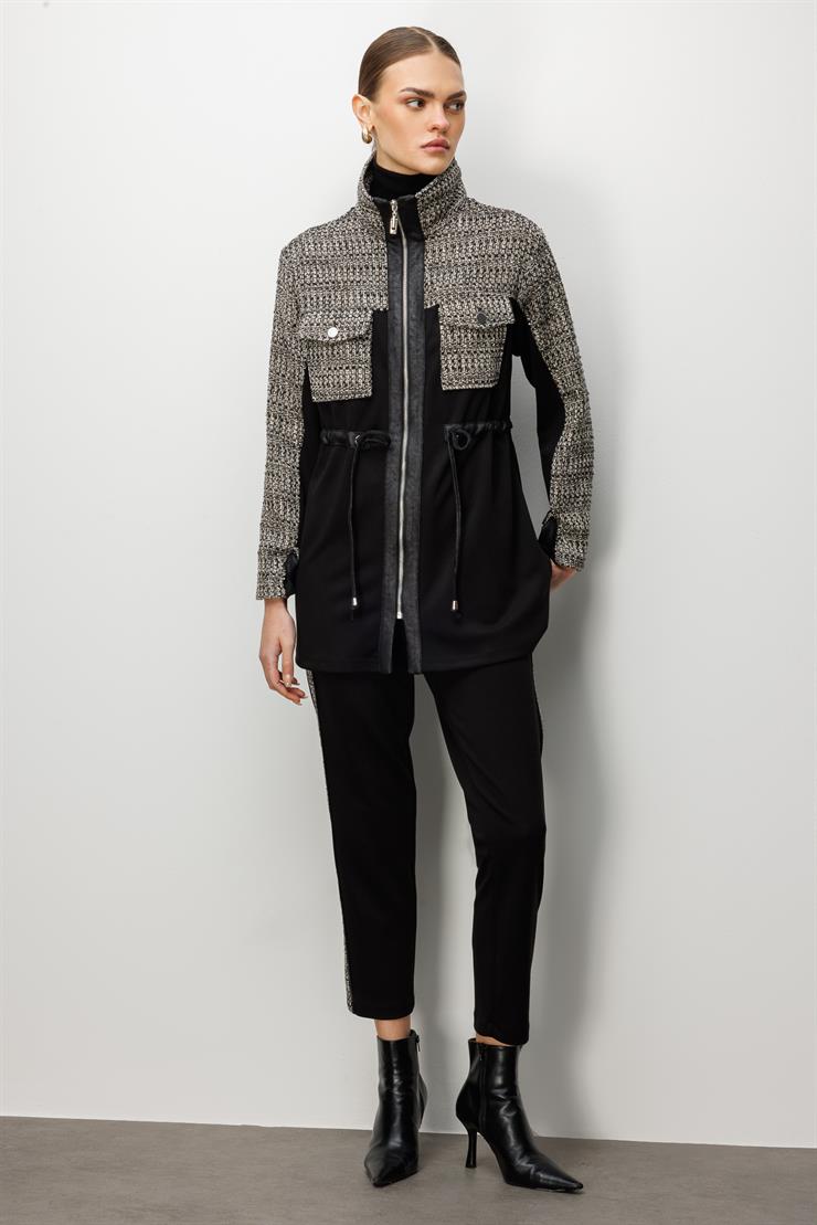 Modailgi  Fermuar Kapamalı Tünel Bağcık Detaylı Düz Kumaş Garni Detaylı Tunik - 40050 Siyah