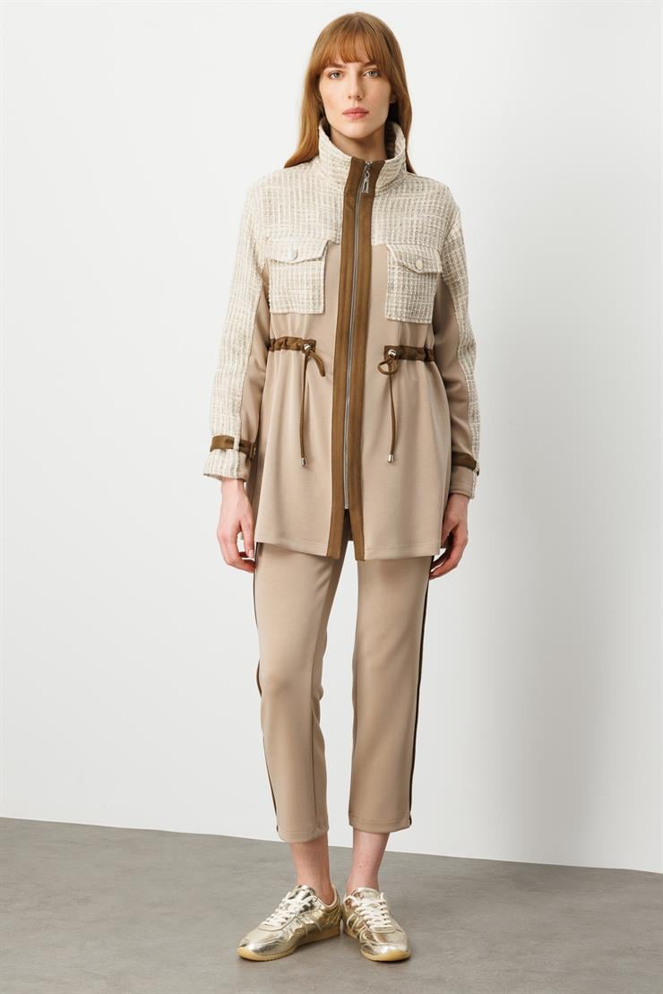 Modailgi  Fermuar Kapamalı Tünel Bağcık Detaylı Düz Kumaş Garni Detaylı Tunik - 40050 Vizon