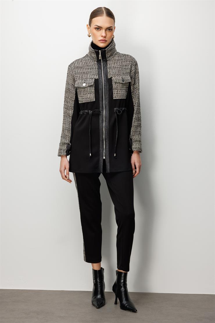 Modailgi  Fermuar Kapamalı Tünel Bağcık Detaylı Düz Kumaş Garni Detaylı Tunik - 40050 Siyah