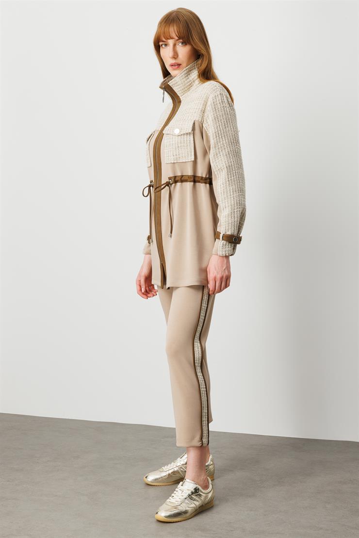 Modailgi  Fermuar Kapamalı Tünel Bağcık Detaylı Düz Kumaş Garni Detaylı Tunik - 40050 Vizon