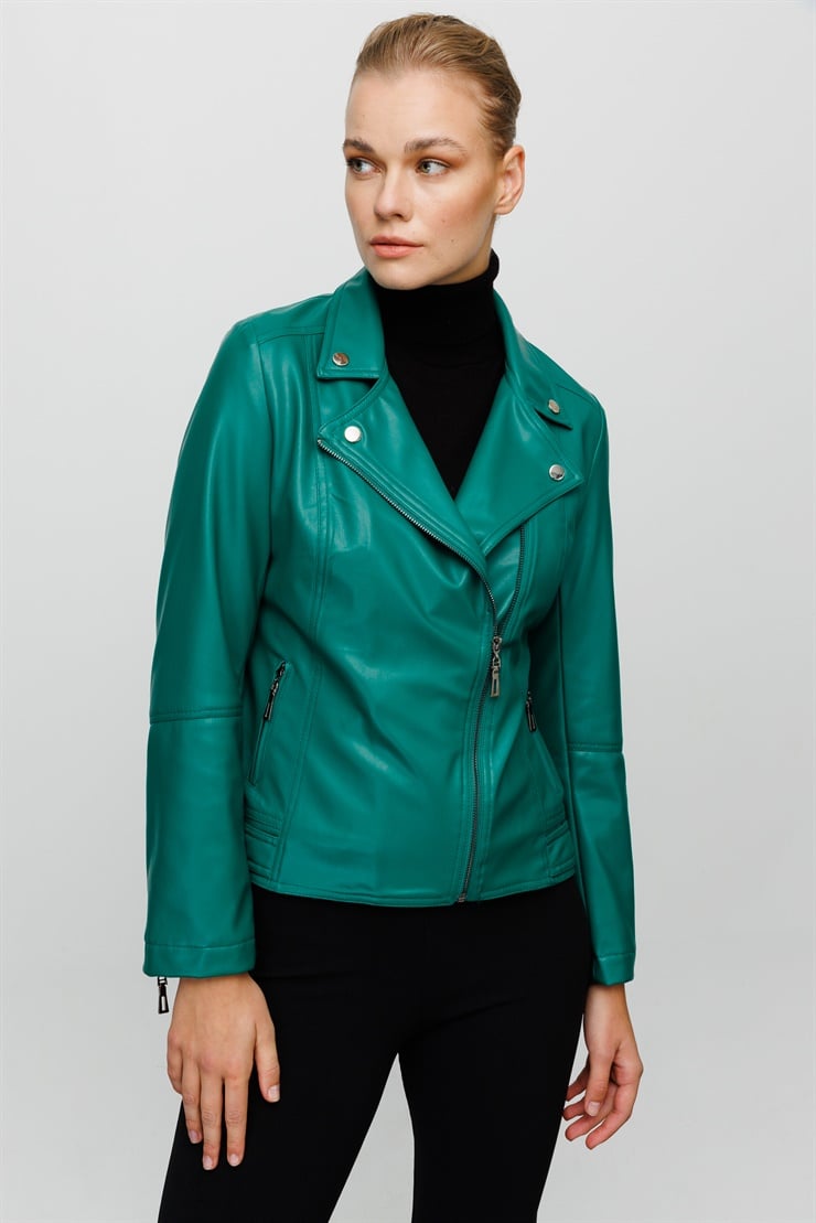 Modailgi  Fermuarlı Deri Mont Yeşil