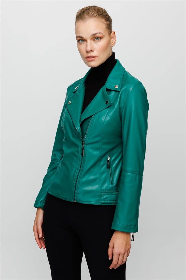 Modailgi  Fermuarlı Deri Mont Yeşil
