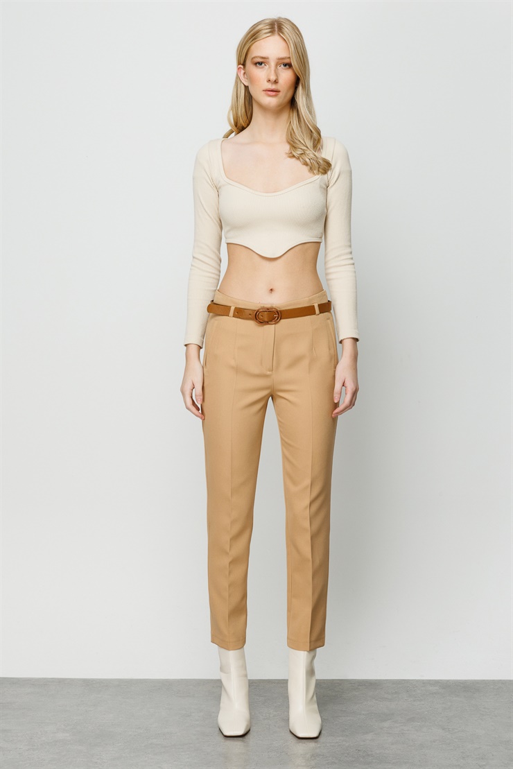 Modailgi  Fileto Cep Kemerli Pantolon Bej