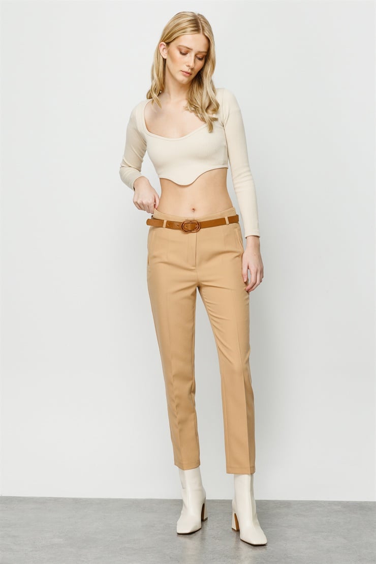 Modailgi  Fileto Cep Kemerli Pantolon Bej