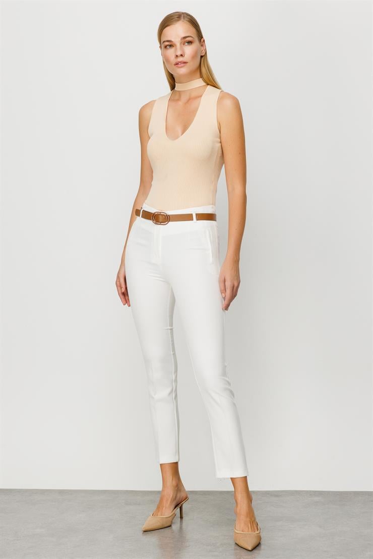 Modailgi  Fileto Cep Kemerli Pantolon Ekru