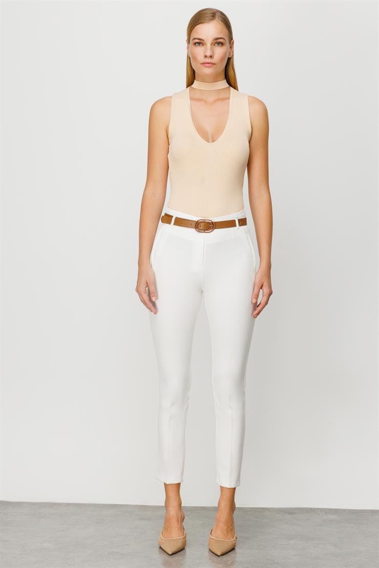 Modailgi  Fileto Cep Kemerli Pantolon Ekru