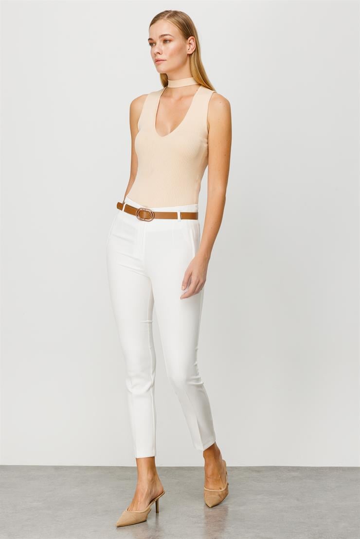 Modailgi  Fileto Cep Kemerli Pantolon Ekru