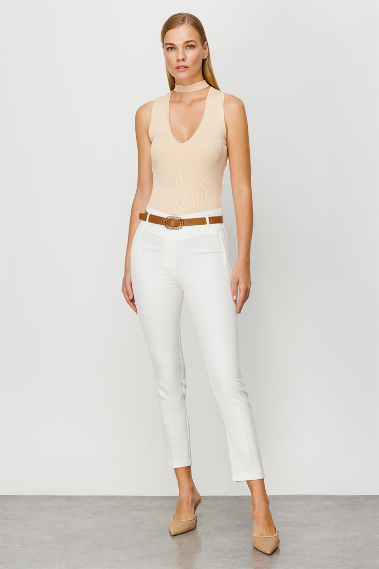 Modailgi  Fileto Cep Kemerli Pantolon Ekru