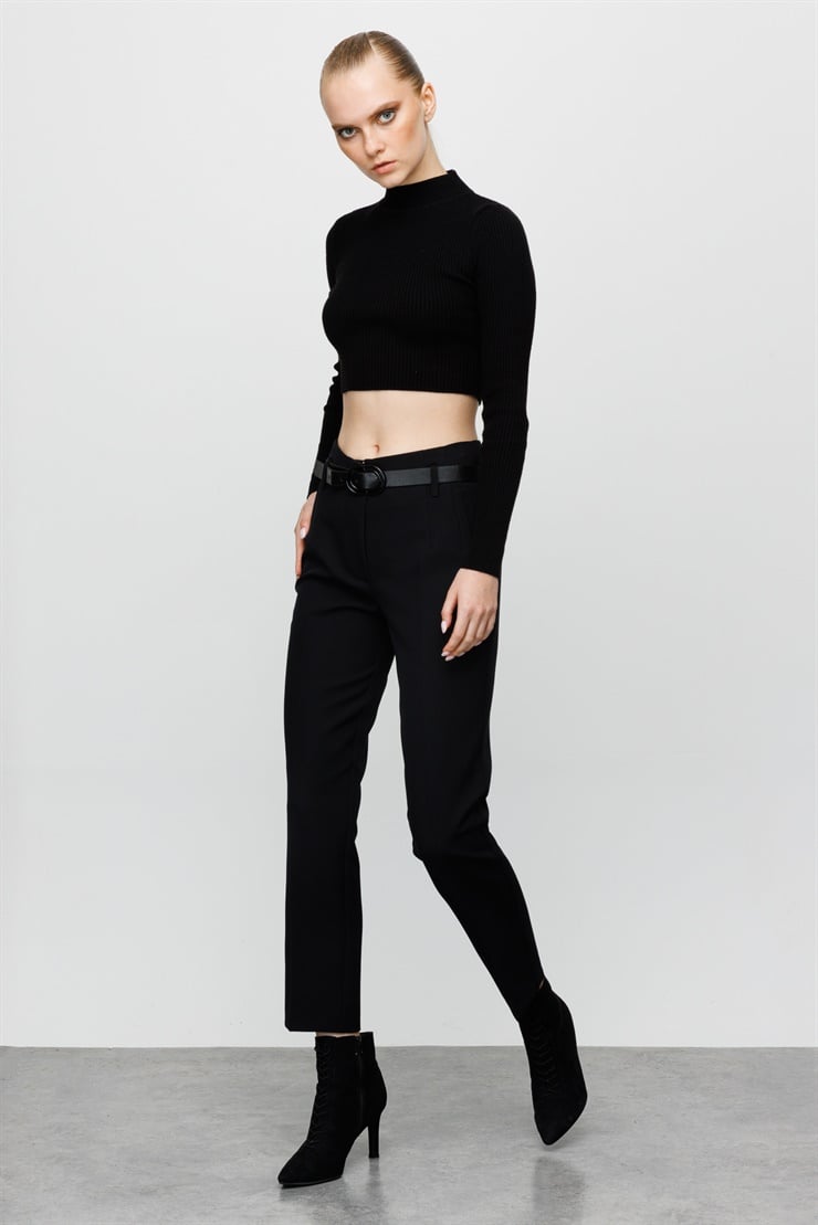 Modailgi  Fileto Cep Kemerli Pantolon Siyah