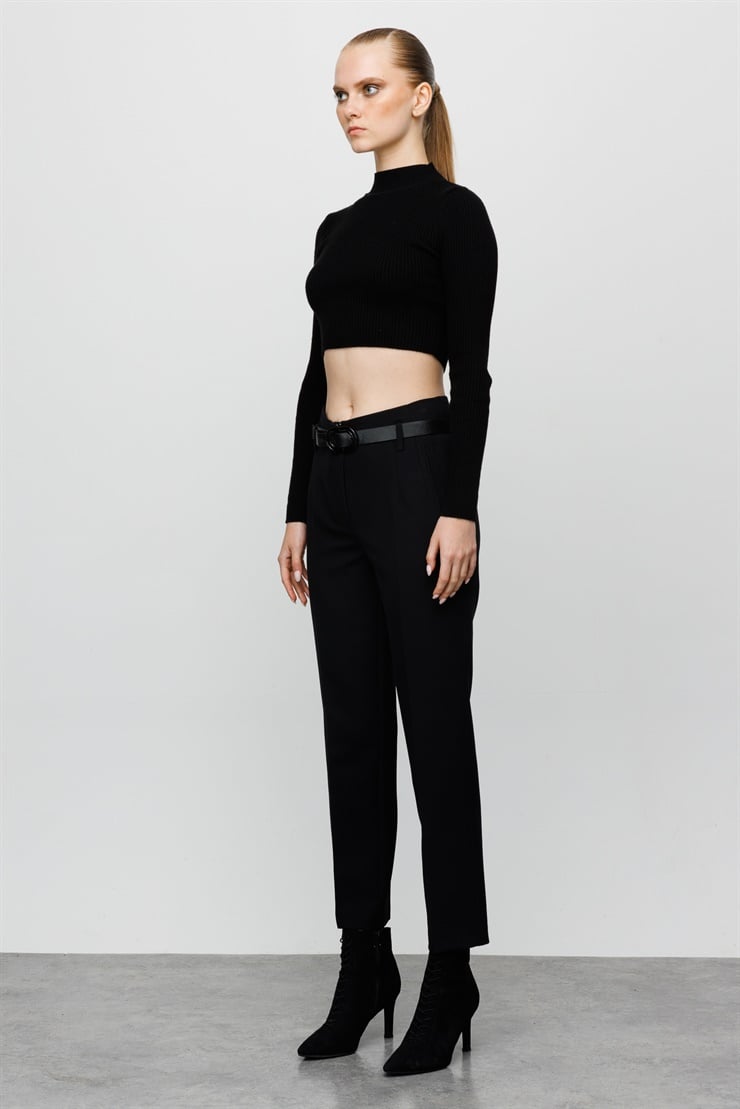 Modailgi  Fileto Cep Kemerli Pantolon Siyah