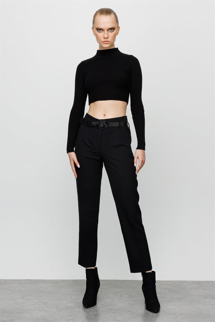 Modailgi  Fileto Cep Kemerli Pantolon Siyah