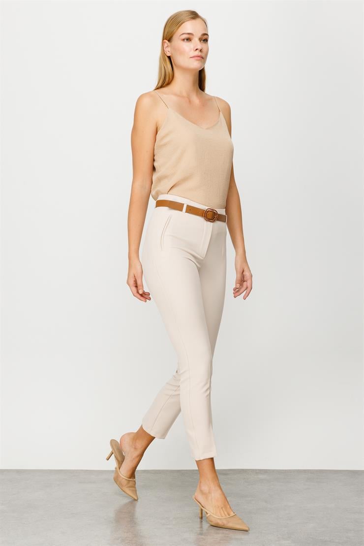 Modailgi  Fileto Cep Kemerli Pantolon Taş