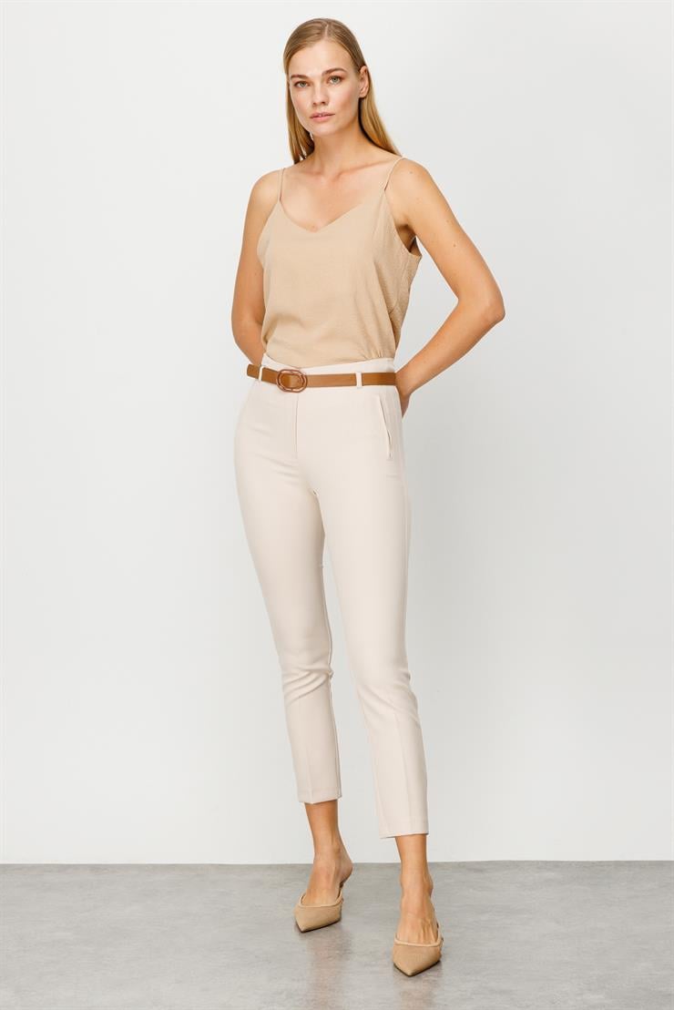 Modailgi  Fileto Cep Kemerli Pantolon Taş