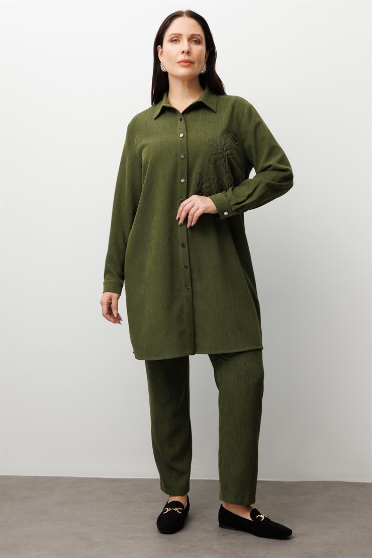 Modailgi  Fitilli Kadife Çiçek Baskılı Tunik Yeşil