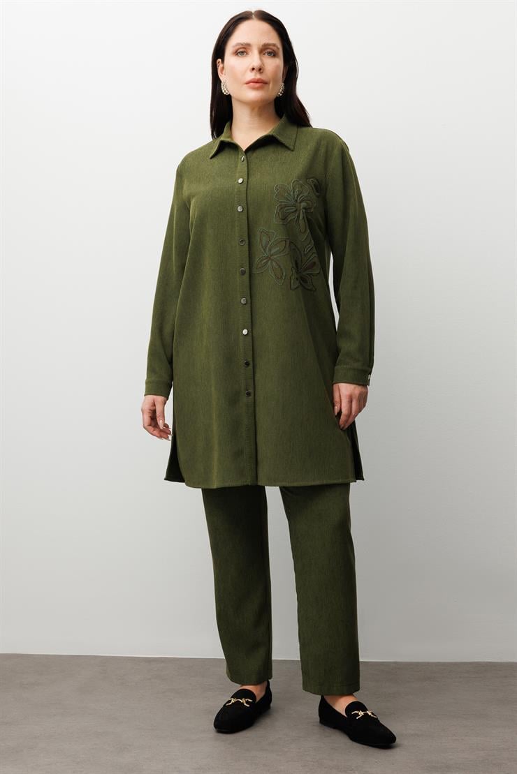 Modailgi  Fitilli Kadife Çiçek Baskılı Tunik Yeşil