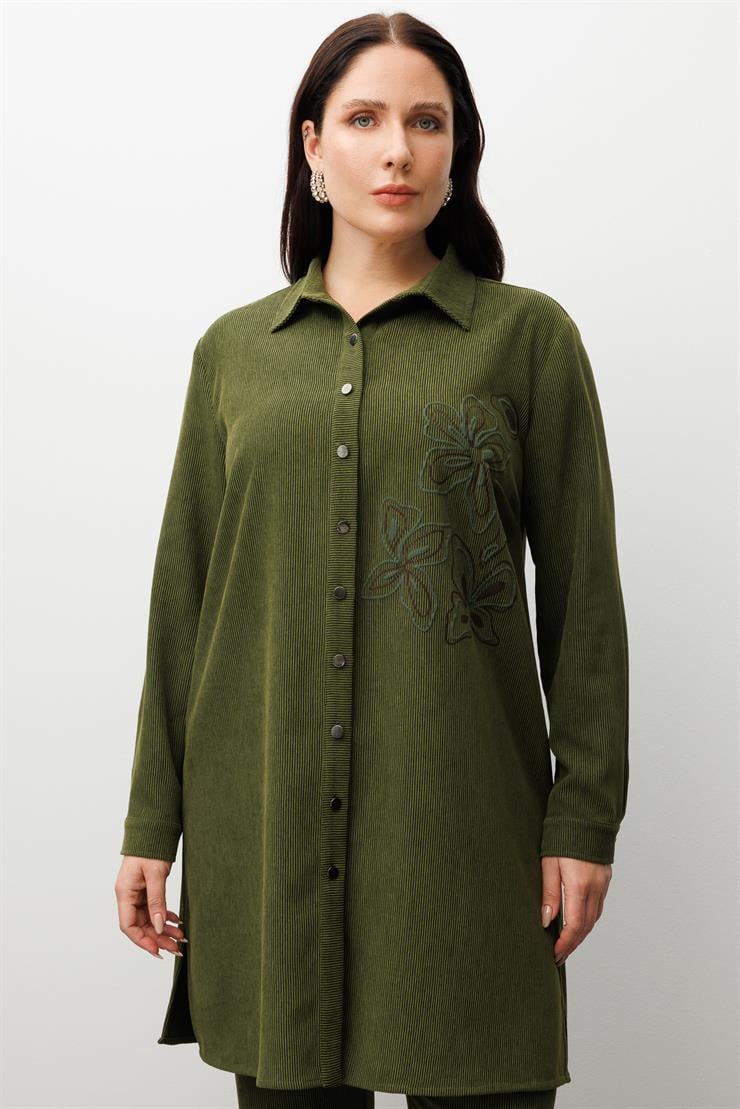 Modailgi  Fitilli Kadife Çiçek Baskılı Tunik Yeşil