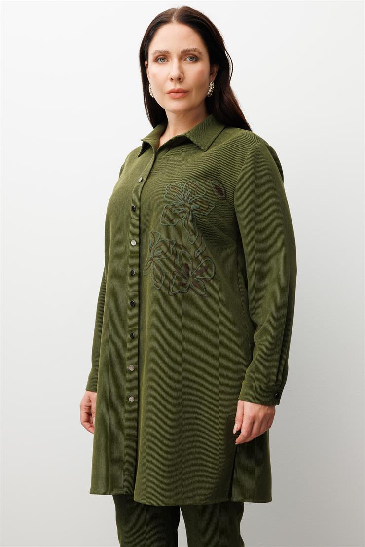 Modailgi  Fitilli Kadife Çiçek Baskılı Tunik Yeşil