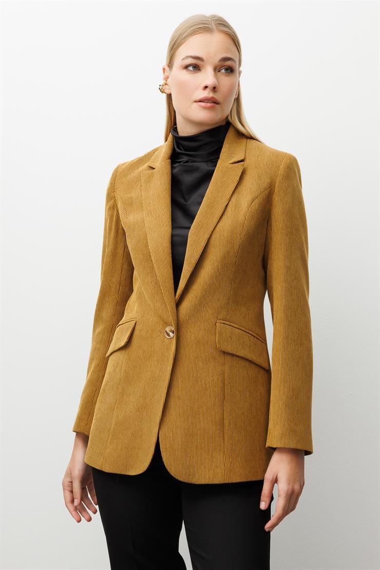 Modailgi  Fitilli Kadife Tek Düğme Klasik Ceket Hardal