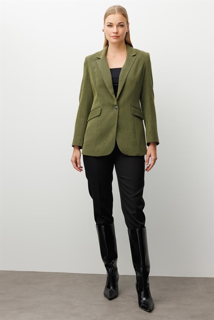 Modailgi  Fitilli Kadife Tek Düğme Klasik Ceket Yeşil