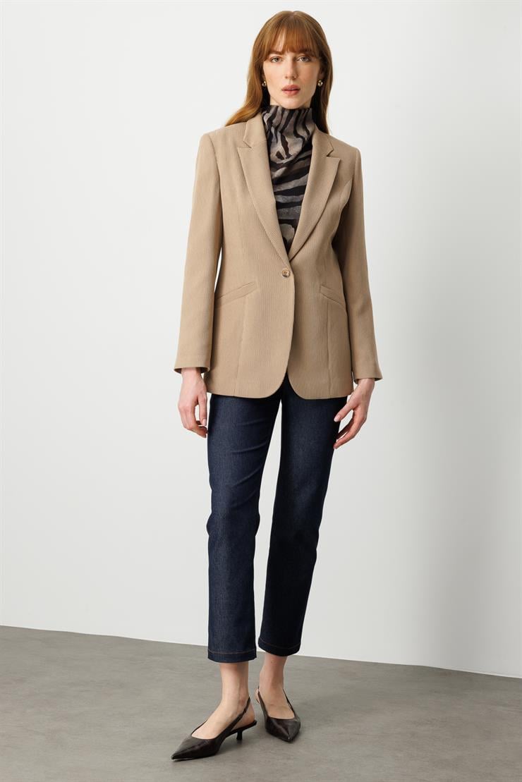 Modailgi  Fitilli Kadife Tek Düğme Klasik Ceket Vizon