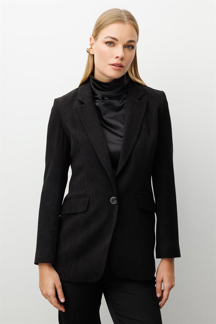 Modailgi  Fitilli Kadife Tek Düğme Klasik Ceket Siyah